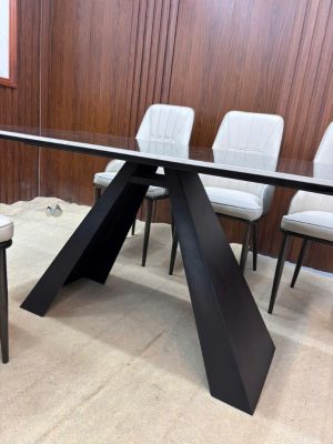 bộ bàn ăn chân chữ A mặt đá đen ghế miso