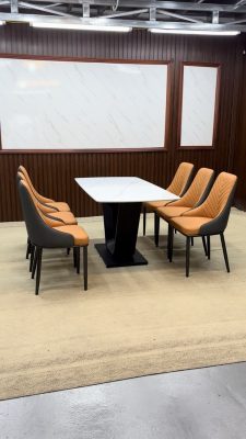 bộ bàn ghế ăn nhập khẩu 6 ghế xương cá màu cam a21