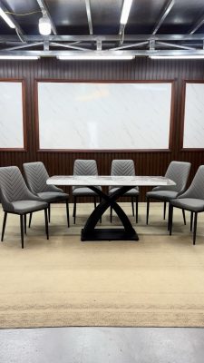 bộ bàn ghế ăn chân X nhập khẩu 6 ghế Xương cá màu xám